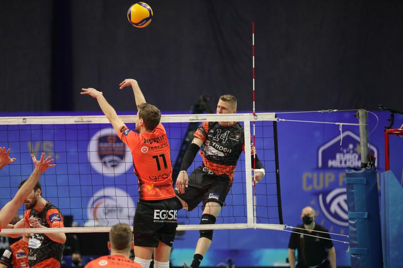 Aalst's Jakub Rybicki pictured during the match between Caruur Volley Gent and Lindemans Aalst, the final match in the men Belgian volleyball cup competition, Sunday 27 February 2022 in Merksem, Antwerp. BELGA PHOTO MARIJN DE KEYZER