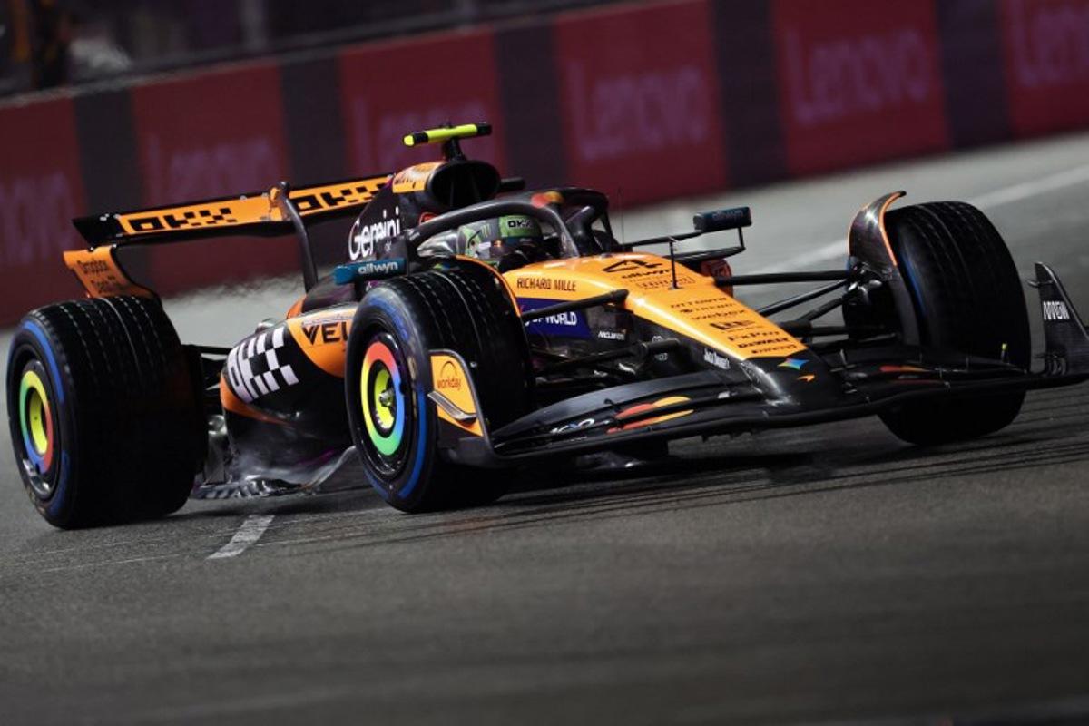 McLaren's British driver Lando Norris races during the qualifying session for the Las Vegas Formula One Grand Prix at the Las Vegas Strip Circuit in Las Vegas, Nevada, on November 21, 2025.  Patrick T. Fallon / AFP