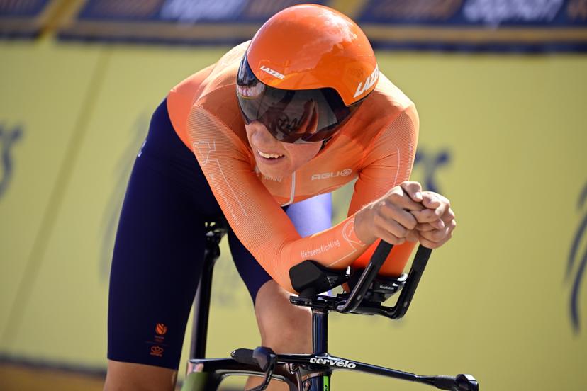 Dutch Michiel Mouris pictured in action during the time trial junior men at the European Championship 2024, in Hasselt, Wednesday 11 September 2024. The UEC Road European Championships 2024 will take place from 11 to 15 september in Limburg, Belgium. BELGA PHOTO DIRK WAEM