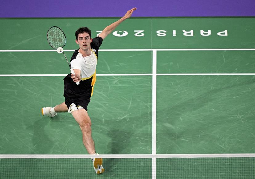 Belgian badminton player Julien Carraggi pictured in action during a badminton match against Indian Sen, in the group play stage of the men's singles tournament at the Paris 2024 Olympic Games, on Monday 29 July 2024 in Paris, France. The Games of the XXXIII Olympiad are taking place in Paris from 26 July to 11 August. The Belgian delegation counts 165 athletes competing in 21 sports. BELGA PHOTO JASPER JACOBS