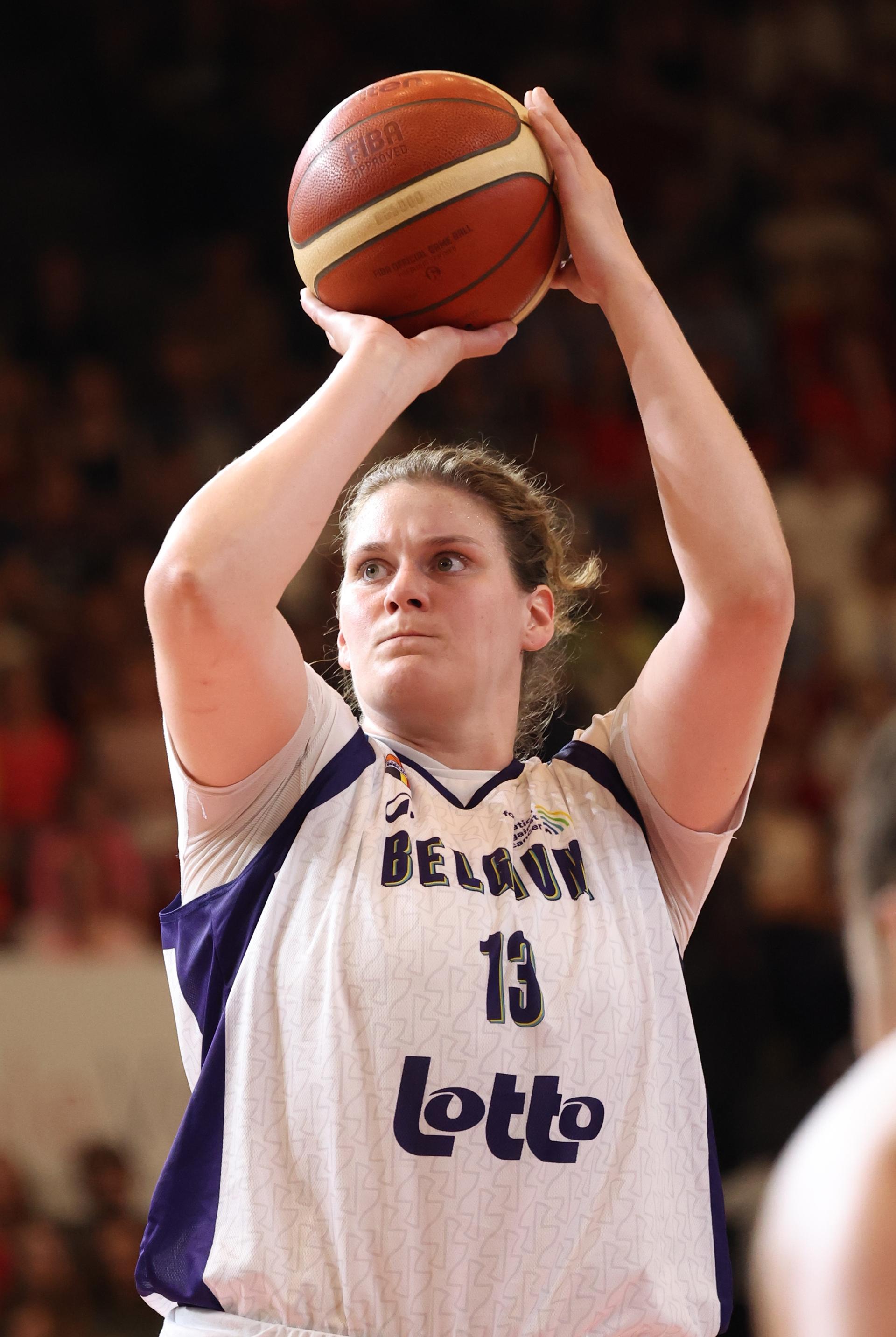 Belgium's Kyara Linskens pictured in action during a friendly basket game between Belgium's national team Belgian Cats and Germany, in Oostende, on Saturday 14 June 2025. BELGA PHOTO VIRGINIE LEFOUR