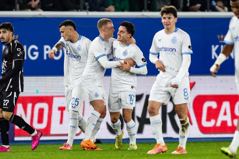 Club's Hugo Vetlesen celebrates after scoring during a soccer game between Oud-Heverlee Leuven and Club Brugge KV, in the 1/8 final of the Croky Cup Belgian cup, Wednesday 03 December 2025 in Leuven. BELGA PHOTO BRUNO FAHY