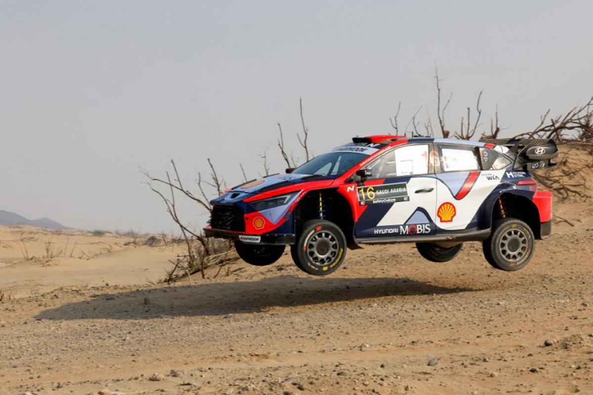 France's Adrien Fourmaux and his co-driver Alexandre Coaria compete in their Hyundai shell Mobis World Rally 1 during stage 5 of the FIA World Rally Championship (WRC) in Jeddah on November 27, 2025.  Fayez Nureldine / AFP