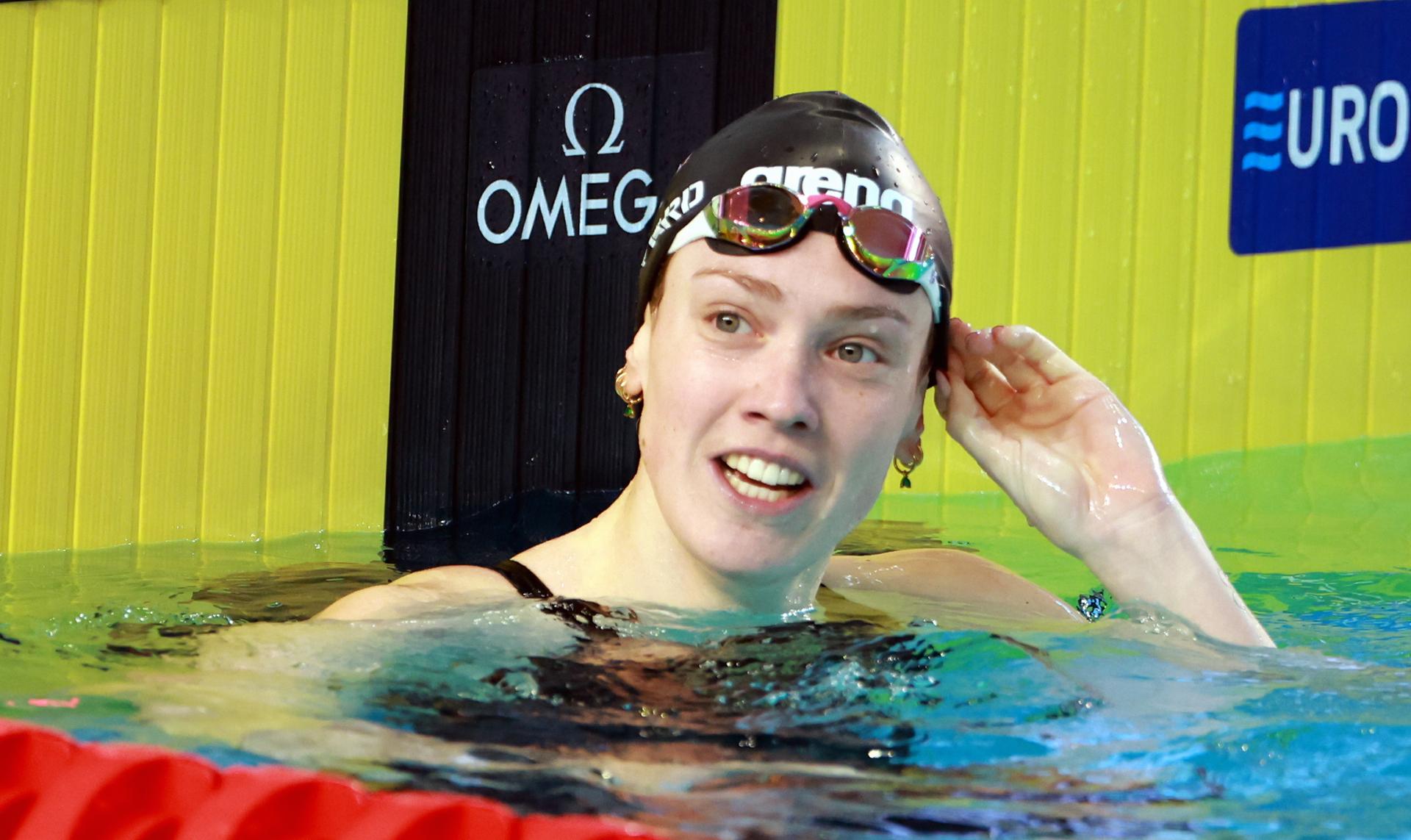 Belgian Florine Gaspard pictured in action during the women's 100m breaststroke at the European Aquatics Short Course Swimming Championships in Lublin, Poland, on Tuesday 02 December 2025. BELGA PHOTO NIKOLA KRSTIC