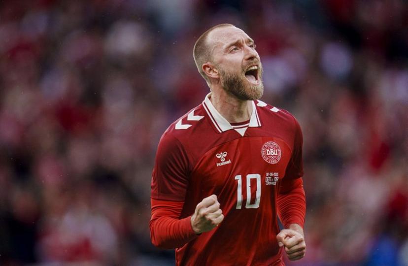 Denmark's midfielder #10 Christian Eriksen celebrates scoring the 2-1 goal during the international friendly football match between Denmark and Northern Ireland in Copenhagen on June 7, 2025.  Liselotte Sabroe / Ritzau Scanpix / AFP