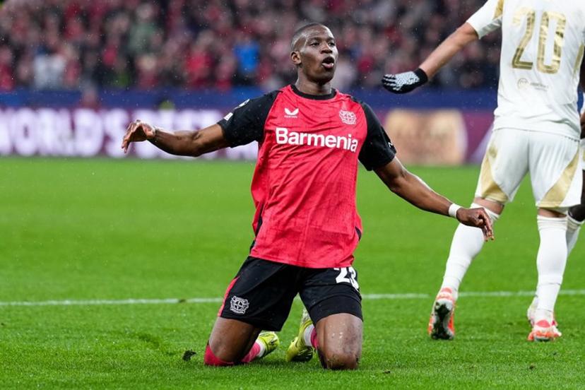 Bayer Leverkusen's French forward #23 Nordi Mukiele reacts during the UEFA Champions League football match between Bayer 04 Leverkusen and Sparta Prague in Leverkusen, western Germany on January 29, 2025.  Pau BARRENA / AFP