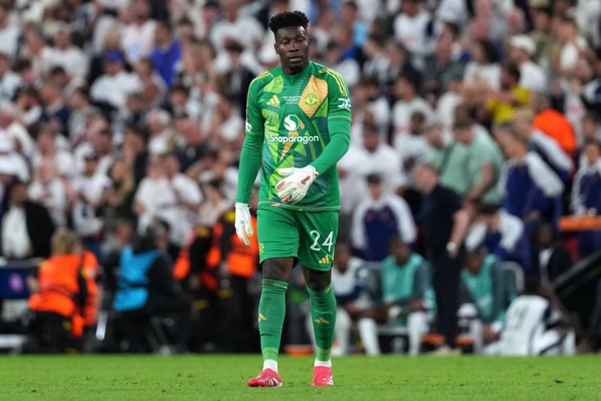 Manchester United's Cameroonian goalkeeper #24 Andre Onana is pictured during the UEFA Europa League final football match between Tottenham Hotspur and Manchester United at San Mames stadium in Bilbao on May 21, 2025.  CESAR MANSO / AFP