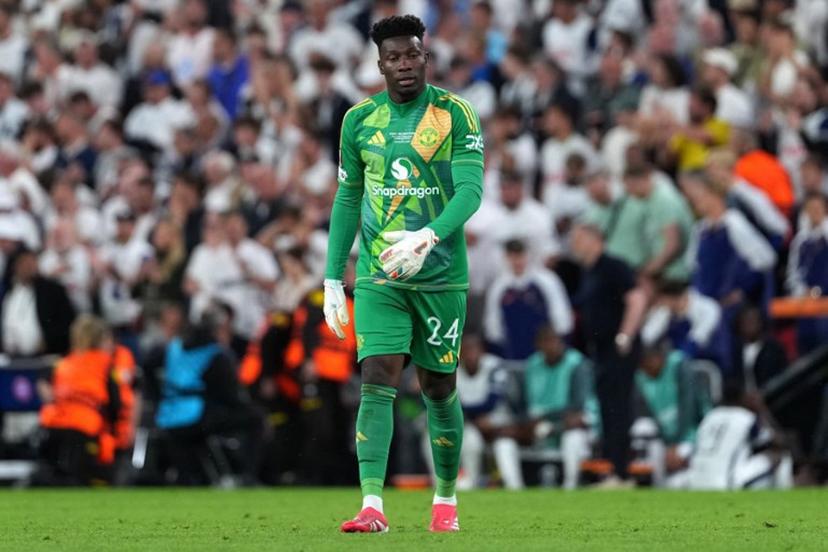 Manchester United's Cameroonian goalkeeper #24 Andre Onana is pictured during the UEFA Europa League final football match between Tottenham Hotspur and Manchester United at San Mames stadium in Bilbao on May 21, 2025.  CESAR MANSO / AFP