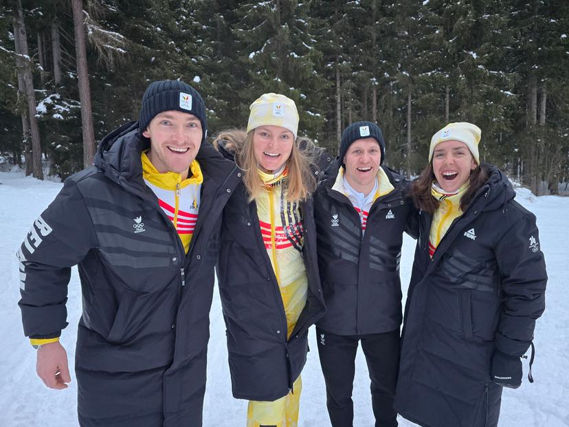 ATTENTION EDITORS - HANDOUT PICTURE - EDITORIAL USE ONLY - MANDATORY CREDIT COIB - BOIC - L-R, Belgian biathlete Florent Claude, Belgian biathlete Maya Cloetens , Belgian biathlete Thierry Langer and Belgian biathlete Lotte Lie pictured in Anterselva ahead of the Milano Cortina 2026 Olympic Winter Games, on Thursday 05 February 2026, Italy. The XXV Winter Olympics take place from 6 to 22 February 2026 in Italy. PHOTO HAND OUT - BENJAMIN WERY -     Belga and Belga editorial board decline all responsability regarding the content of this picture.  -