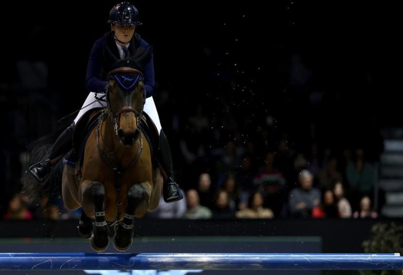 Ireland's Jessica Burke riding Nikey HH competes in the FEI World Cup Jumping event at the Parc des Expositions in Bordeaux, south-western France, on February 3, 2024.  ROMAIN PERROCHEAU / AFP