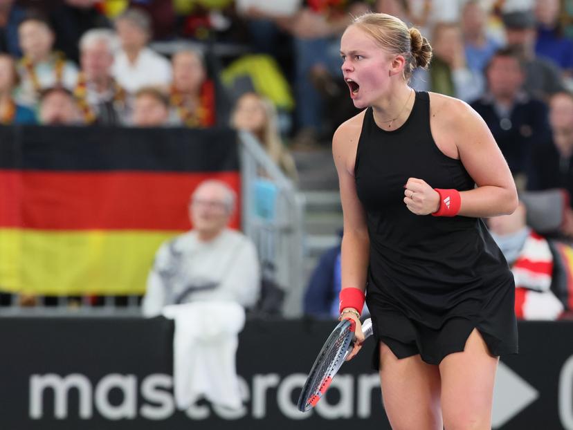 Belgian Jeline Vandromme reacts during the first game between Belgian Vandromme and German Friedsam in the Billie Jean King Cup Play-offs, between Belgium and Germany, on Sunday 16 November 2025 in Ismaning, Germany. PHOTO BENOIT DOPPAGNE