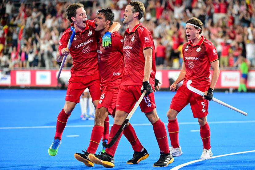 Belgium's Alexander Hendrickx and Belgium's Nicolas de Kerpel celebrate after scoring during a hockey game between Belgium's Red Lions and France, the first (out of three) matches during the group stage of the men's 2026 Hockey World Cup, Saturday 15 August 2026 in Wavre. The 2026 edition of the Hockey World Cup takes place in Belgium and The Netherlands from August 15 to August 30. BELGA PHOTO DIRK WAEM