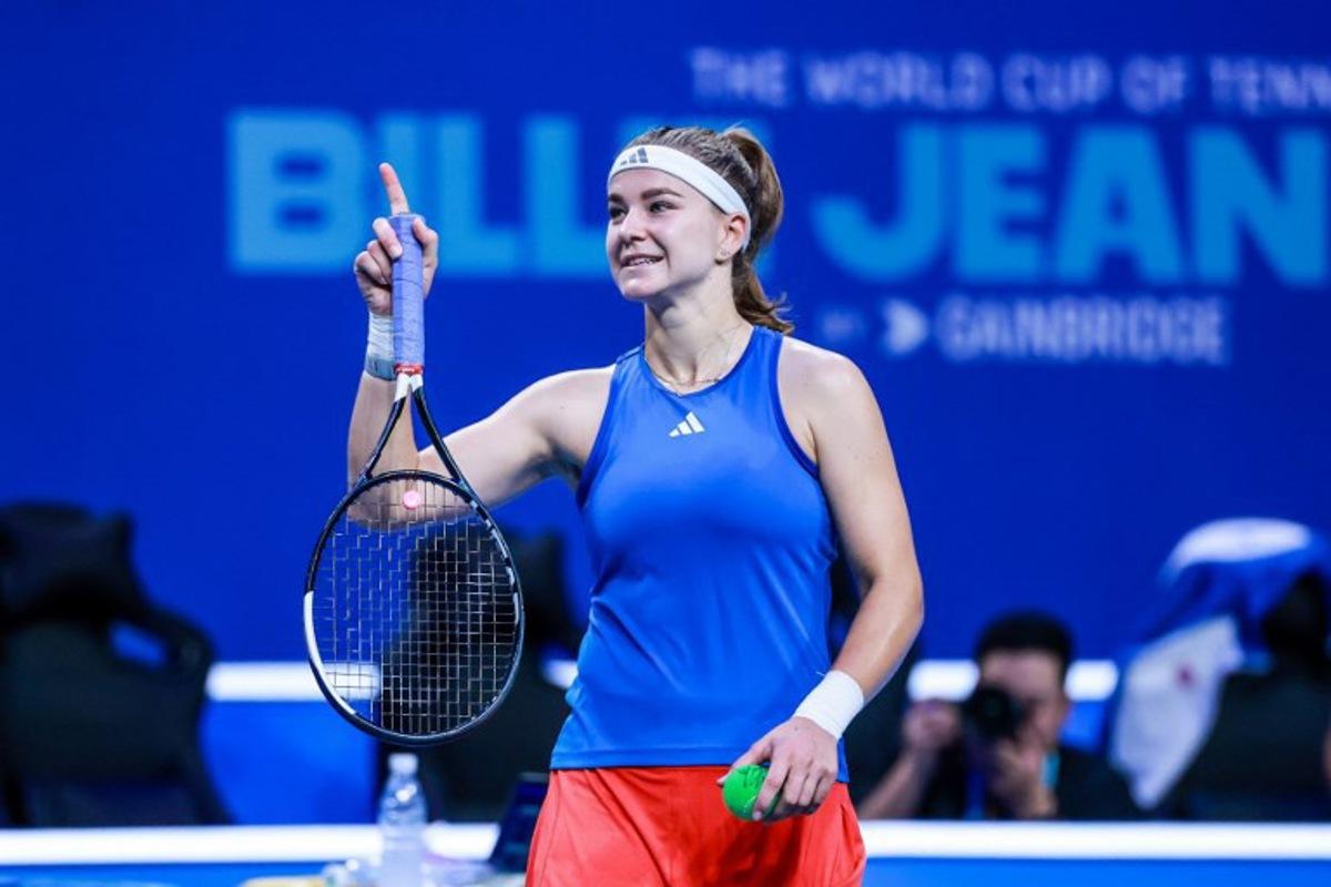 Czech Republic's Karolina Muchova reacts after beating Spain's Jessica Bouzas Maneiro in their women's singles semi-final match at the Billie Jean King Cup tennis tournament in Shenzhen, in China's southern Guangdong province on September 25, 2026.  CN-STR / AFP