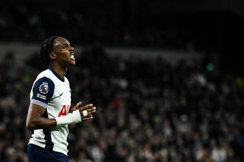Tottenham Hotspur's French striker #11 Mathys Tel reacts after a missed chance during the English Premier League football match between Tottenham Hotspur and Nottingham Forest at the Tottenham Hotspur Stadium in London, on April 21, 2025.  Ben STANSALL / AFP