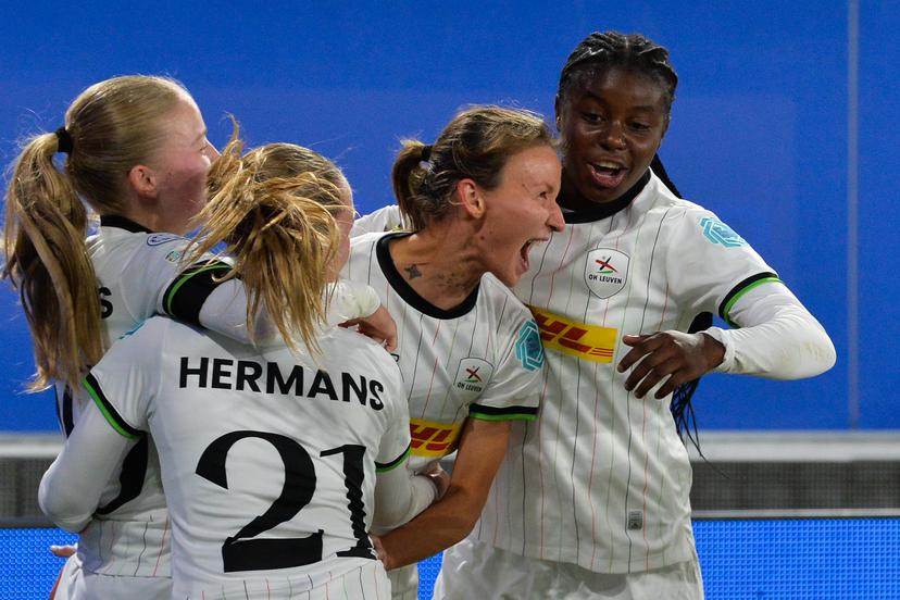 OHL Women's Sara Pusztai celebrates after scoring during a soccer match between Oud-Heverlee Leuven Women and Dutch FC Twente Vrouwen, Wednesday 15 October 2025 in Leuven, the second game in the league phase of the UEFA Women's Champions League competition. BELGA PHOTO JILL DELSAUX