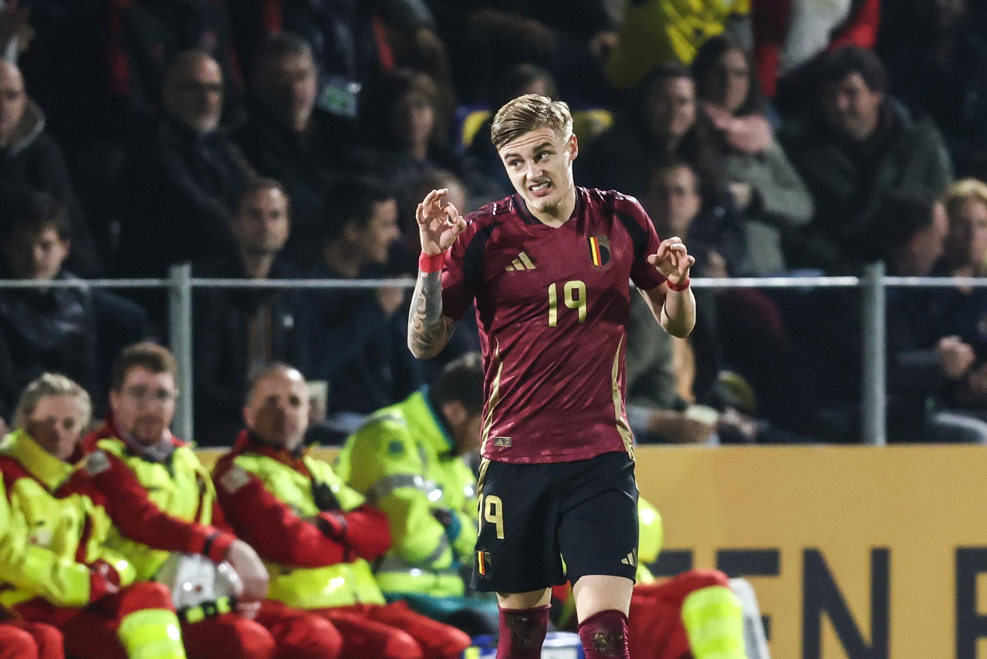 Belgium's Norman Bassette celebrates after scoring during a soccer game between the U21 youth team of the Belgian national team Red Devils and the U21 of Denmark, in Westerlo, on Tuesday 14 October 2025, game 3 (out of 8) of the qualifications for the 2027 UEFA European Under21 Championship. BELGA PHOTO BRUNO FAHY