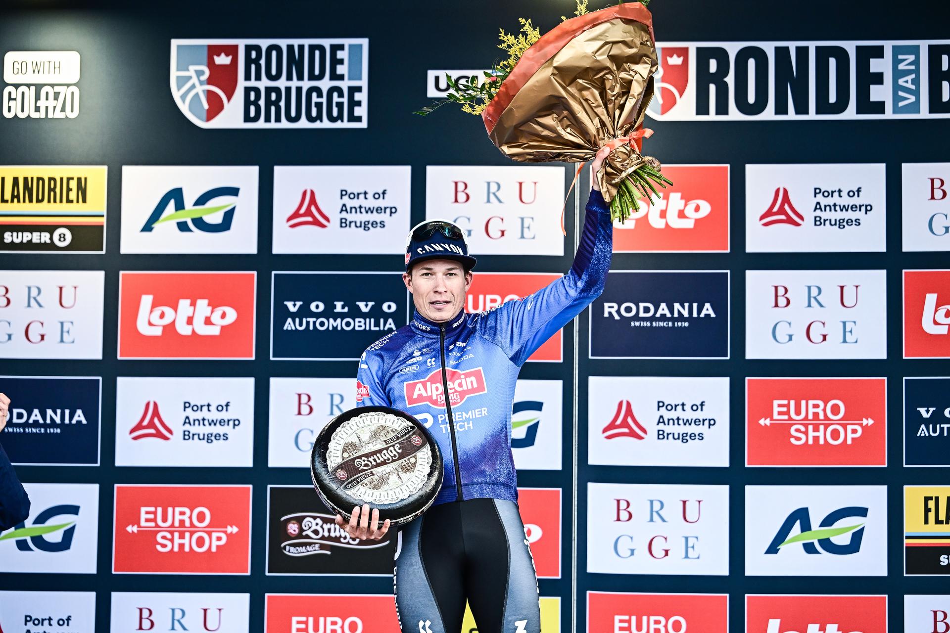 Belgian Jasper Philipsen of Alpecin-Premier Tech pictured on the podium after the 'Ronde van Brugge' men's elite one-day cycling race, 202,9 km from and to Brugge on Wednesday 25 March 2026. BELGA PHOTO MAARTEN STRAETEMANS