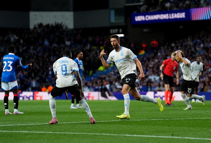 Club Brugge's Brandon Mechele (centre) celebrates after scoring his sides third goal during the UEFA Champions League, play-off, first leg match at Ibrox Stadium, Glasgow. Picture date: Tuesday August 19, 2025. BELGIUM ONLY