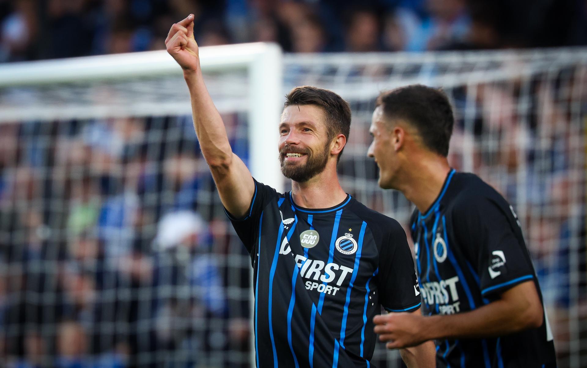 Club's Brandon Mechele celebrates after scoring during a soccer match between Club Brugge and Sint-Truidense VV, Sunday 21 September 2025 in Brugge, on day 8 of the 2025-2026 'Jupiler Pro League' first division of the Belgian championship. BELGA PHOTO VIRGINIE LEFOUR