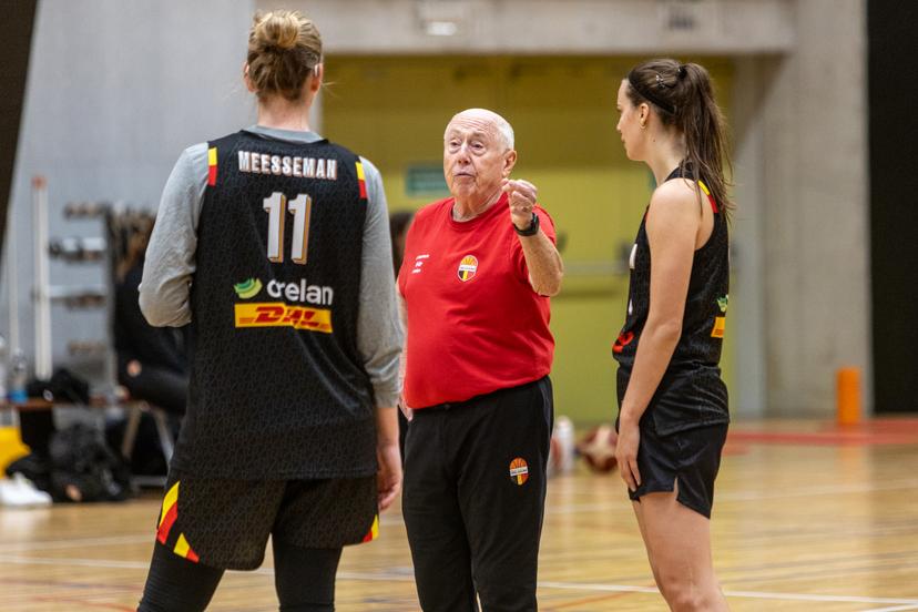 Belgium's Emma Meesseman and Belgium's head coach Mike Thibault pictured before a press conference with the Belgian Cats ahead of their 2027 European Championship qualifying match against Finland, in Wilrijk, on Monday 10 November 2025. BELGA PHOTO ZENO DRUYTS