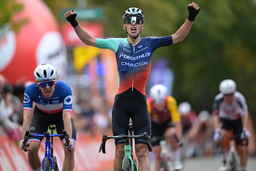 Aubin Sparfel of Decathlon CMA CGM pictured as he crosses the finish line of the one day cycling race Grand Prix de Wallonie 2026 (196,8 km), in Namur, on Wednesday 16 September 2026.  BELGA PHOTO DAVID PINTENS