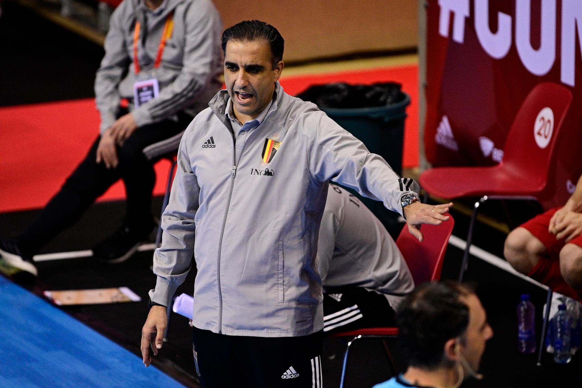Belgium's head coach Karim Bachar pictured during a qualification game for the Euro 2022 in the group 7 between Belgium and Finland in the Country Hall in Angleur, Liege, Thursday 28 January 2021. BELGA PHOTO YORICK JANSENS