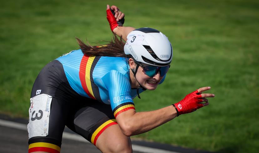 Belgian Fran Vanhoutte pictured during a speed skating competition during the World Games 2025, in Chenghdu, China, on Tuesday 12 August 2025. This year, the World Games take place from 07 to 17 augustus. BELGA PHOTO VIRGINIE LEFOUR