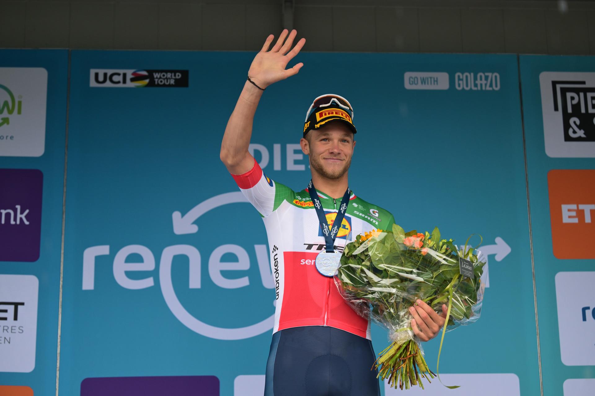 Winner Italian Jonathan Milan of Lidl-Trek celebrates on the podium of the first stage of the 'Renewi Tour' multi-stage cycling race, from Diest and back (191,3 km) on Wednesday 19 August 2026. The five-day race takes place from 19 to 23/08. BELGA PHOTO DAVID PINTENS