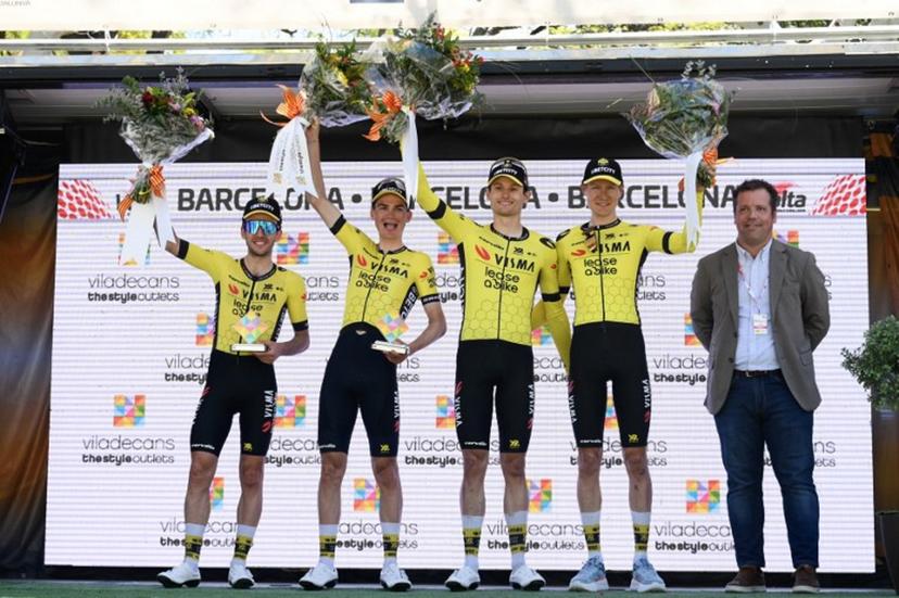 (L-R) Team Visma-Lease a bike's Simon Yates, Team Visma-Lease a bike's Sepp Kuss, Team Visma-Lease a bike's Menno Huising and Team Visma-Lease a bike's Wilco Kelderman celebrate winning the Team Category on the podium for the 2025 Volta a Catalunya cycling tour of Catalonia race, in Barcelona, on March 30, 2025.  Josep LAGO / AFP