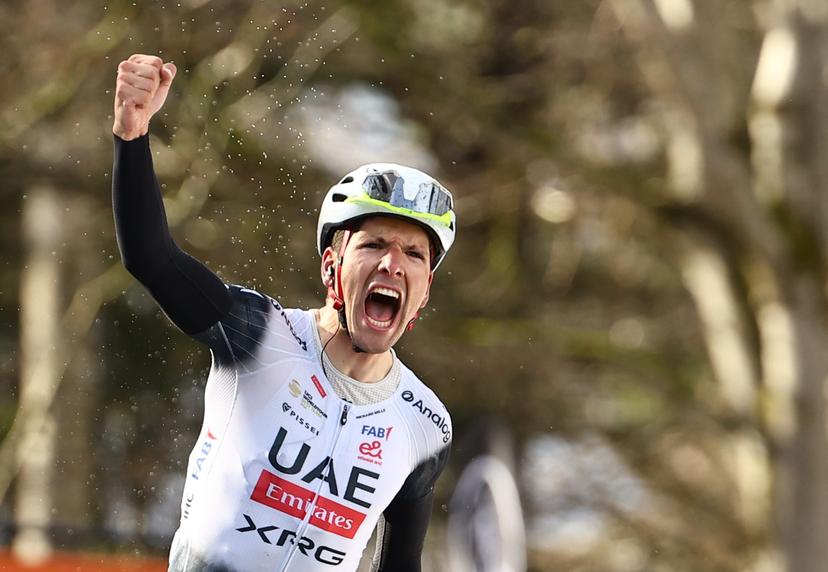 Portuguese Joao Almeida of UAE Team Emirates celebrates after winning stage four of the 83th edition of the Paris-Nice cycling race, 163,4km from Vichy to La Loge des Gardes, France, Wednesday 12 March 2025. BELGA PHOTO DAVID PINTENS