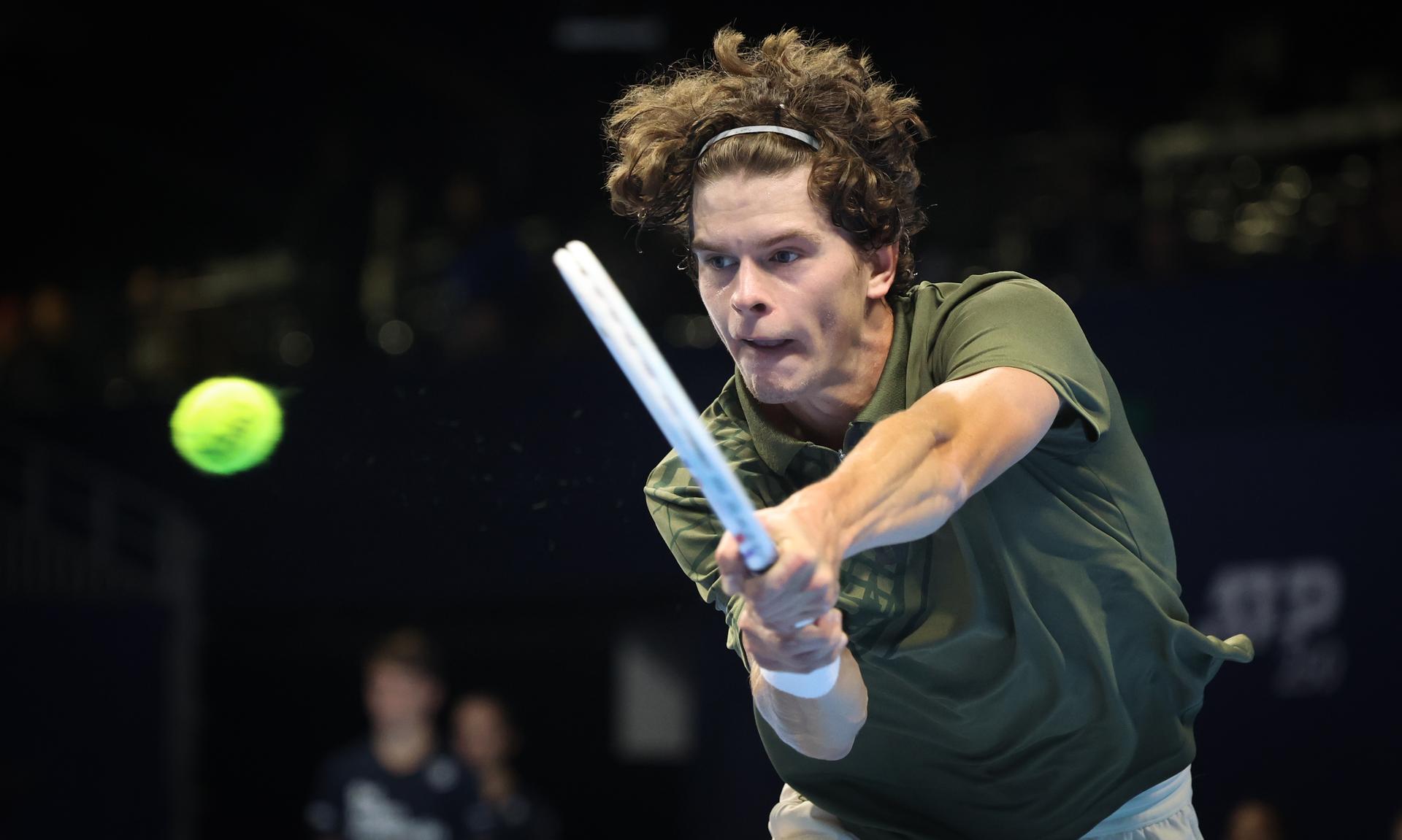 Belgian Alexander Blockx pictured in action during the European Open ATP tennis tournament in Brussels, on Sunday 12 October 2025. This year's edition of the tournament is taking place from 12 to 19 October 2025. BELGA PHOTO VIRGINIE LEFOUR