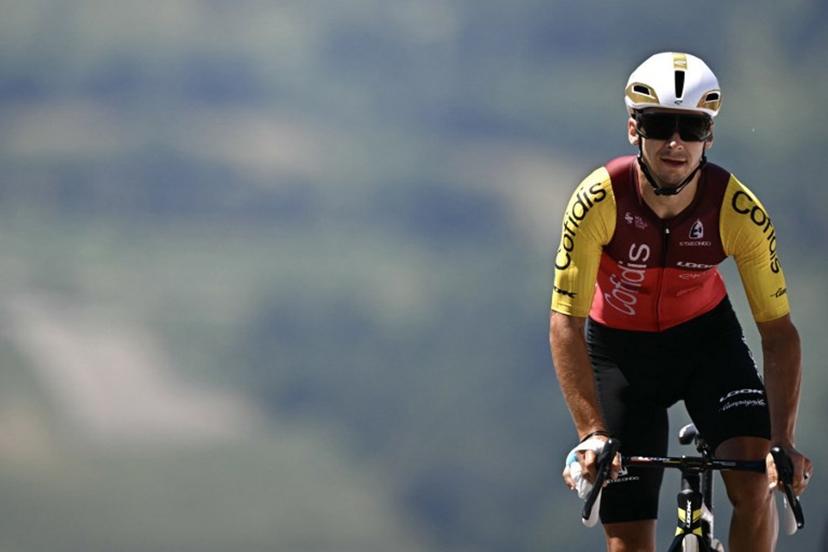 Cofidis team's French rider Bryan Coquard cycles to the finish line of the 13th stage of the 112th edition of the Tour de France cycling race, 10.9 km individual time trial between Loudenvielle and Peyragudes, in the Pyrenees mountains of southwestern France, on July 18, 2025.  Loic VENANCE / AFP