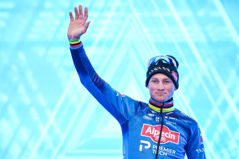 Dutch Mathieu van der Poel of Alpecin-Premier Tech celebrates on the podium after winning the 'E3 Saxo Bank Classic' one day cycling race, 208,8km from and to Harelbeke, on Friday 27 March 2026. BELGA PHOTO DAVID PINTENS