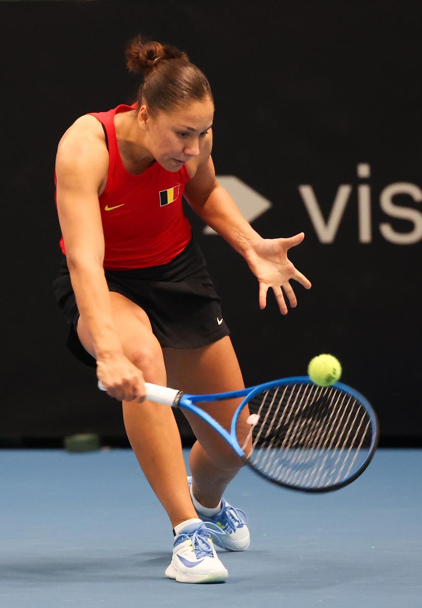Belgian Sofia Costoulas pictured in action during a tennis match between Belgian Costoulas and Hungarian Toth, in the meeting between Belgium and Hungary in the pool phase of the Europe/Africa Group I of the Billie Jean King Cup tennis, in Vilnius, Lithuania on Wednesday 09 April 2025. PHOTO VIRGINIE LEFOUR PHOTO VIRGINIE LEFOUR