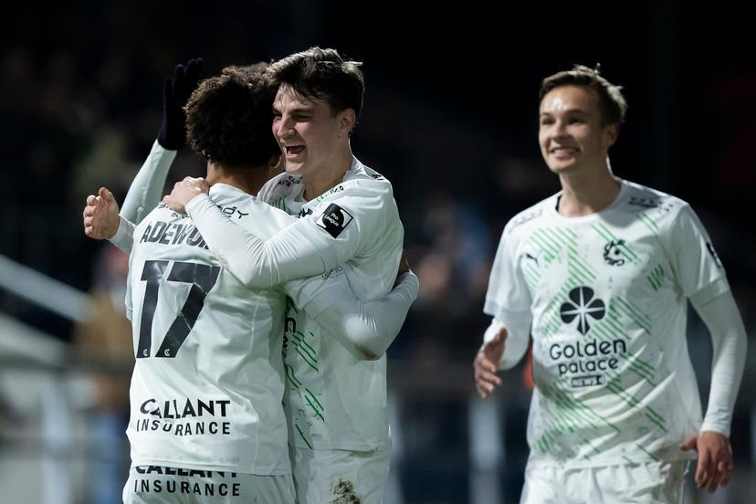 Cercle's Oluwaseun Adewumi and Cercle's Pieter Gerkens celebrate during a soccer match between KVC Westerlo and Cercle Brugge, Saturday 17 January 2026 in Westerlo, on day 21 of the 2025-2026 'Jupiler Pro League' first division of the Belgian championship. BELGA PHOTO KRISTOF VAN ACCOM
