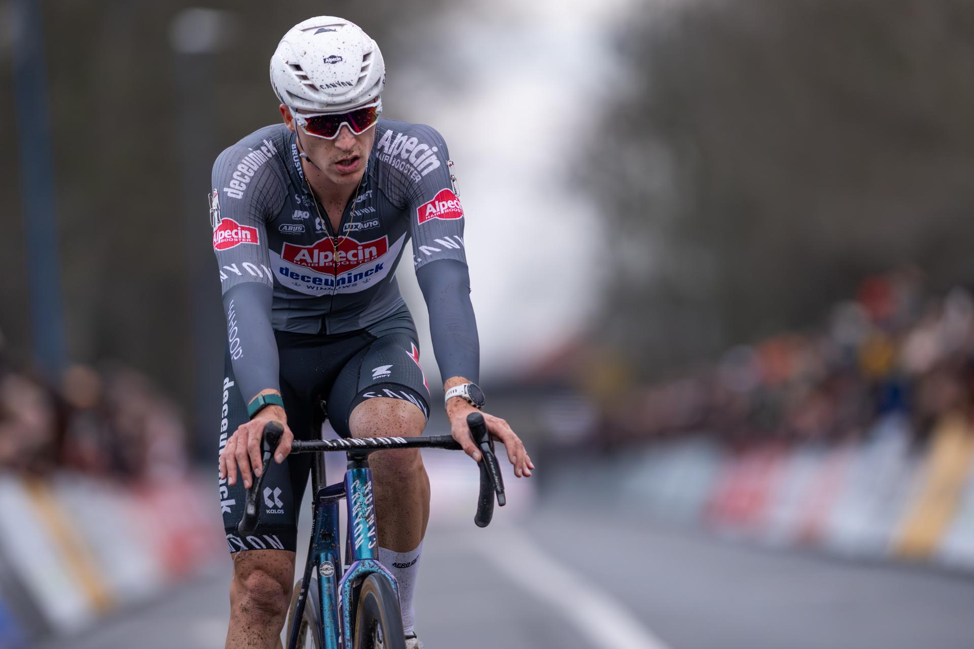 Belgian Niels Vandeputte crosses the finish line at the men elite race at the 'Leiecross' cyclocross cycling event on Saturday 13 December 2025 in Kortrijk, the fourth stage (out of 7) in the Exact Cross competition. BELGA PHOTO DAVID PINTENS