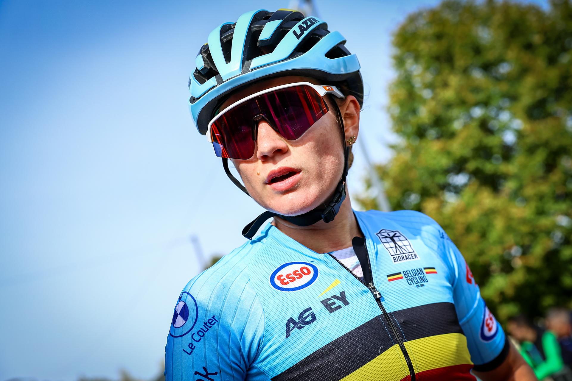 Belgium Tess Moerman pictured after the 85,7 km Women U23 Road Race at the UEC road European cycling championships, France on Friday 03 October 2025. The European cycling championships Drome-Ardeche takes place from 1 to 5 October, France. BELGA PHOTO DAVID PINTENS