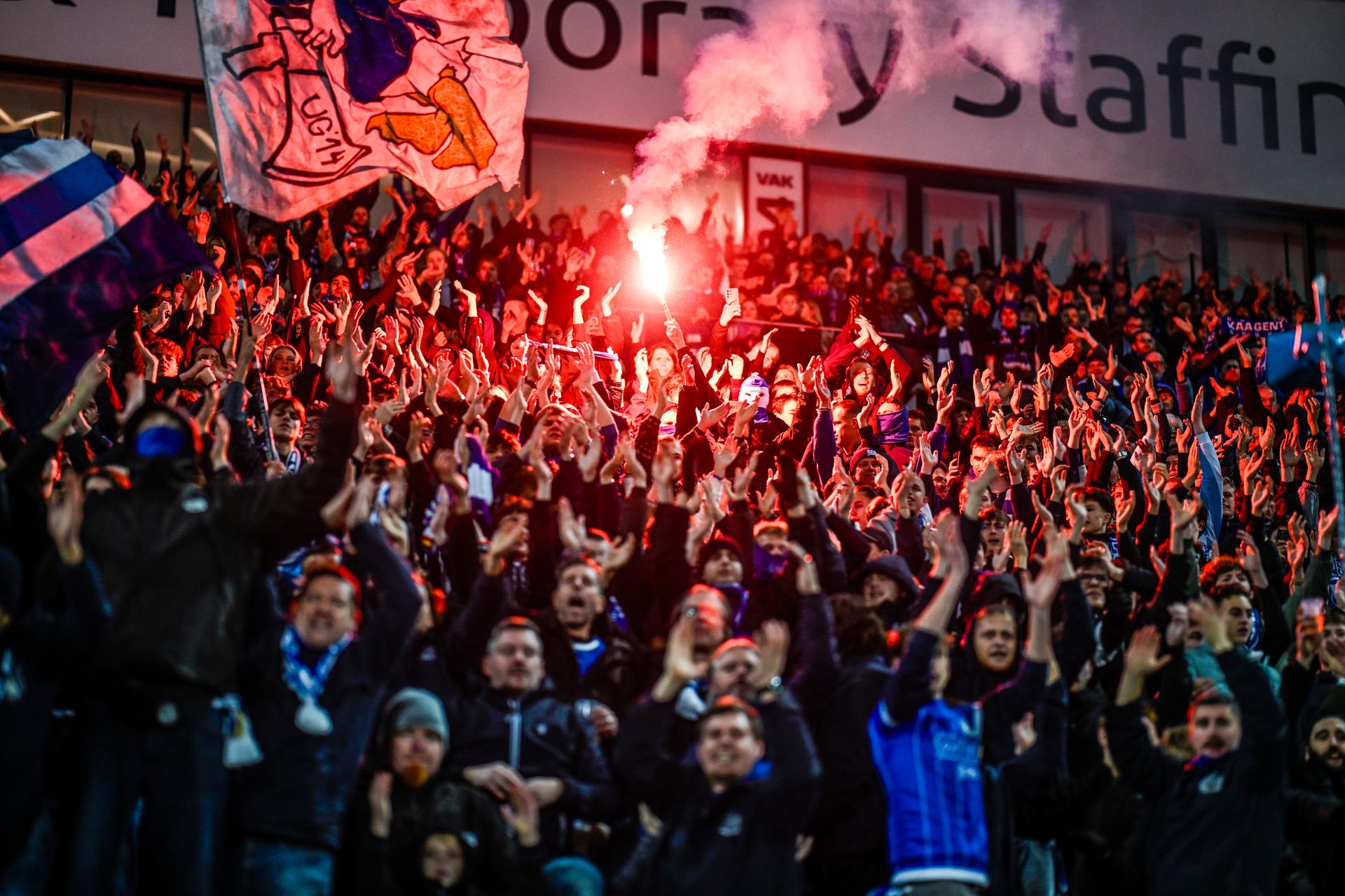 Gent's supporters celebrate after a soccer match between KAA Gent and Standard de Liege, Saturday 25 October 2025 in Gent, on day 12 of the 2025-2026 'Jupiler Pro League' first division of the Belgian championship. BELGA PHOTO TOM GOYVAERTS
