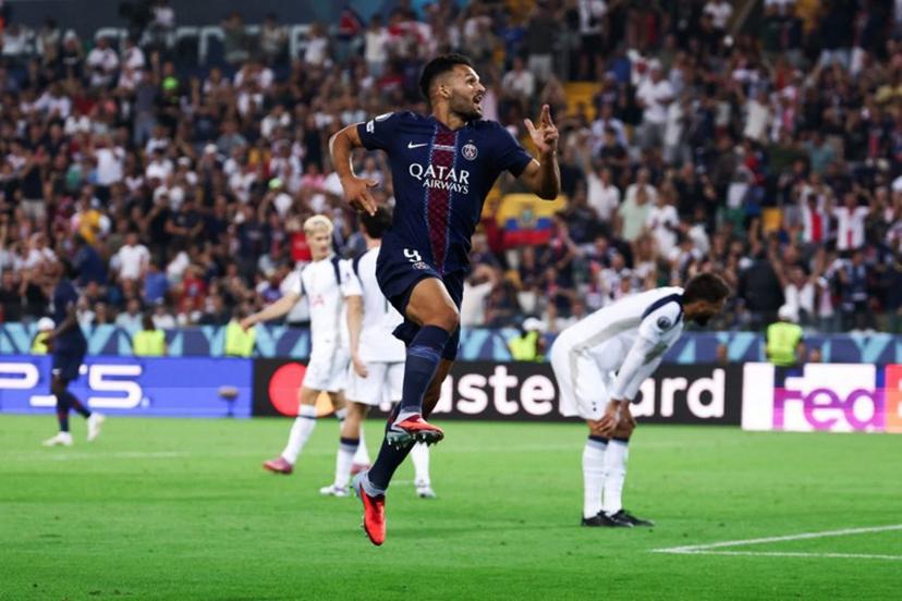 Paris Saint-Germain's Portuguese forward #09 Goncalo Ramos celebrates after scoring PSG's second goal during the 2025 UEFA Super Cup final football match between Paris Saint-Germain (FRA) and Tottenham Hotspur FC (ENG) at the Friuli stadium, in Udine, on August 13, 2025.  FRANCK FIFE / AFP