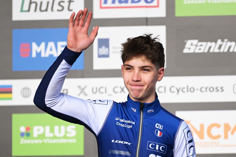 Silver medal winner French Aubin Sparfel celebrates on the podium after the U23 men race at the UCI Cyclocross World Championships, on Saturday 31 January 2026, in Hulst, The Netherlands. BELGA PHOTO DAVID PINTENS