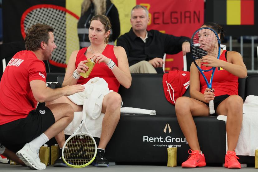 Belgian team captain Wim Fissette, Belgian Magali Kempen and Belgian Sofia Costoulas pictured during the third game, a double game between Belgian pair Costoulas-Kempen and Turkish pair Aksu-Oz, in the Billie Jean King Cup Play-offs, between Belgium and Turkey, on Saturday 15 November 2025 in Ismaning, Germany. PHOTO BENOIT DOPPAGNE