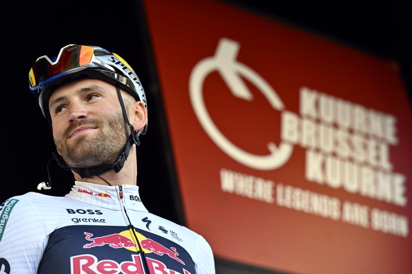 Belgian Jordi Meeus of RedBull-BORA-hansgrohe pictured during the team presentation ahead of the Kuurne-Brussels-Kuurne one day cycling race, 196,9 km from Kuurne to Kuurne via Brussels, Sunday 02 March 2025. BELGA PHOTO DIRK WAEM