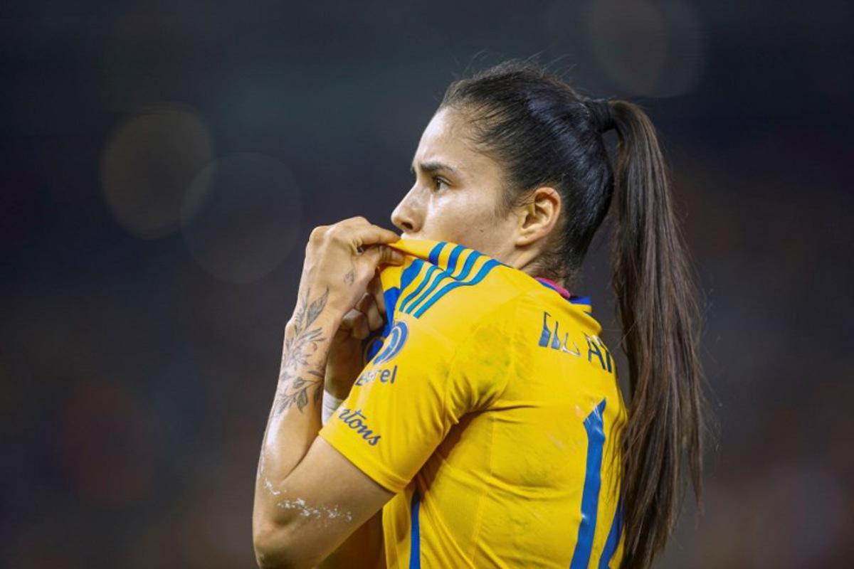 Lizbeth Ovalle of Tigres Femenil celebrates after scoring during the Liga MX Femenil Apertura football tournament final match between Tigres and Rayadas at BBVA Bancomer stadium in Monterrey, Mexico, on November 25, 2024.  Julio Cesar AGUILAR / AFP