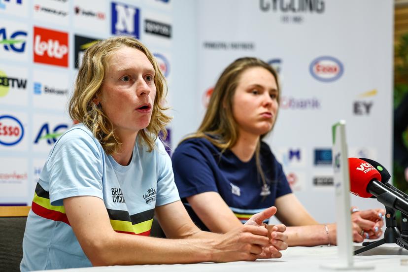Belgian Lotte Claes of Arkea - B&B Hotels Women and Belgian Julie De Wilde of Fenix-Deceuninck pictured during a press conference ahead of the start of the UEC road European cycling championships, Tuesday 30 September 2025, in Loriol-sur-Drome, France. The European cycling championships take place from 1 to 5 October in Drome and Ardeche, France. BELGA PHOTO DAVID PINTENS
