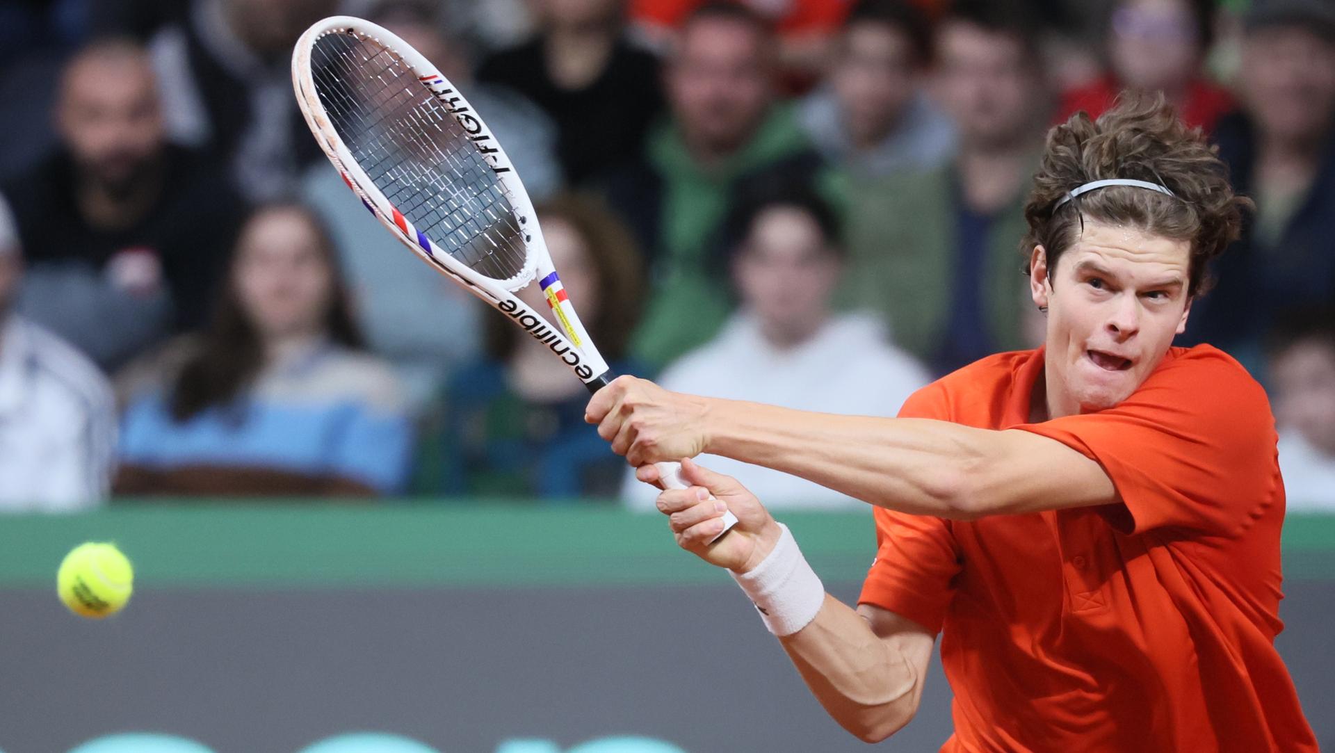 Belgian Alexander Blockx pictured in action during a tennis match against Bulgarian Radulov, during the qualifier of the Davis Cup on Saturday 07 February 2026, in Plovdiv, Bulgaria. Belgium will compete this weekend in the Davis Cup qualifiers against Bulgaria. BELGA PHOTO BENOIT DOPPAGNE