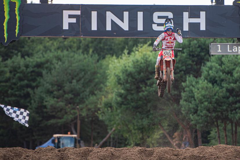Belgium's Lucas Coenen celebrates as he crosses the finish line to win the motocross MXGP Grand Prix Flanders, race 15/20 of the FIM Motocross World Championship, Sunday 03 August 2025 in Lommel. BELGA PHOTO JONAS ROOSENS