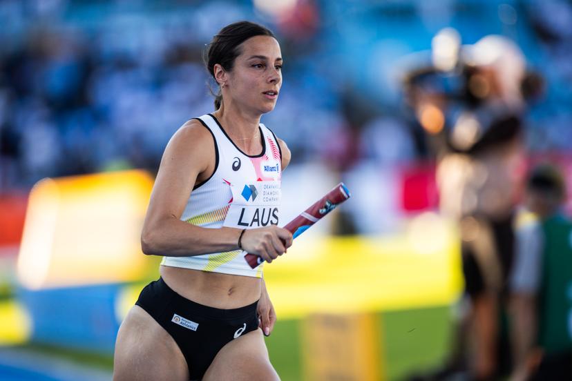 Belgian Camille Laus pictured during the women's 4x100m heats at the IAAF World Athletics Relays, Saturday 02 May 2026, in Gaborone, Botswana. BELGA PHOTO NIKOLA KRSTIC