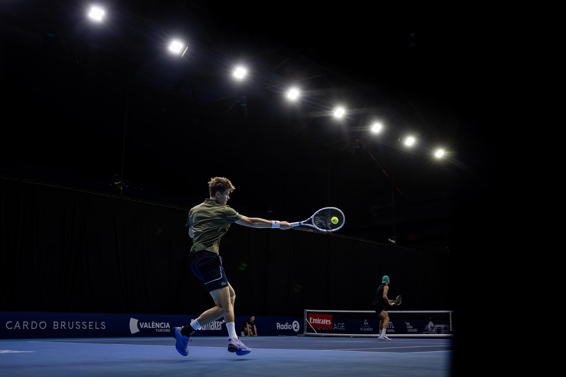 Belgian Alexander Blockx pictured in action during the European Open ATP tennis tournament in Brussels, on Thursday 16 October 2025. This year's edition of the tournament is taking place from 12 to 19 October 2025. BELGA PHOTO DAVID PINTENS