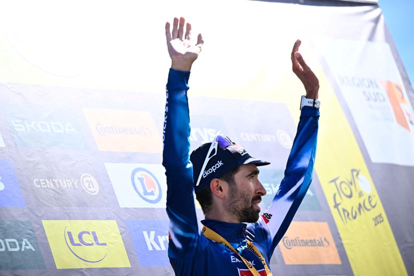 French Valentin Paret-Peintre of Soudal Quick-Step celebrates on the podium after winning stage 16 of the 2025 Tour de France cycling race, from Montpellier to Mont Ventoux (172 km), on Tuesday 22 July 2025 in France. The 112th edition of the Tour de France starts on Saturday 5 July in Lille, France, and will finish in Paris, France on the 27th of July.   BELGA PHOTO JASPER JACOBS