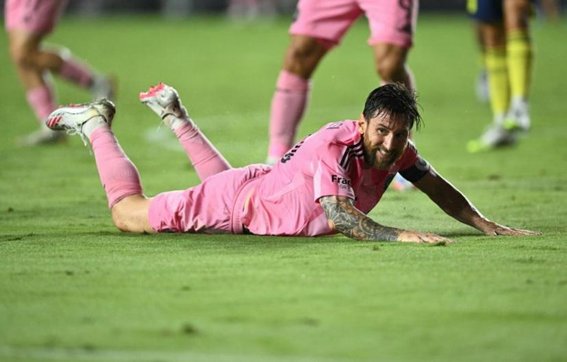 Inter Miami's Argentine forward #10 Lionel Messi falls during the Major League Soccer (MLS) regular season soccer match between Inter Miami CF and Nashville SC at Chase Stadium in Fort Lauderdale, Florida on July 12, 2025.  CHANDAN KHANNA / AFP